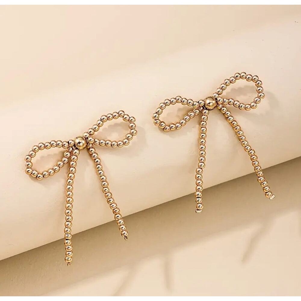 Faux Golden Pearl Bow Dangle Push Back Earrings Wedding Lovers New York